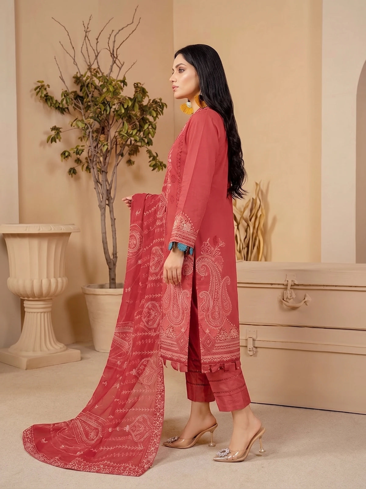 Peach Pink Embroidered Lawn 3-Piece