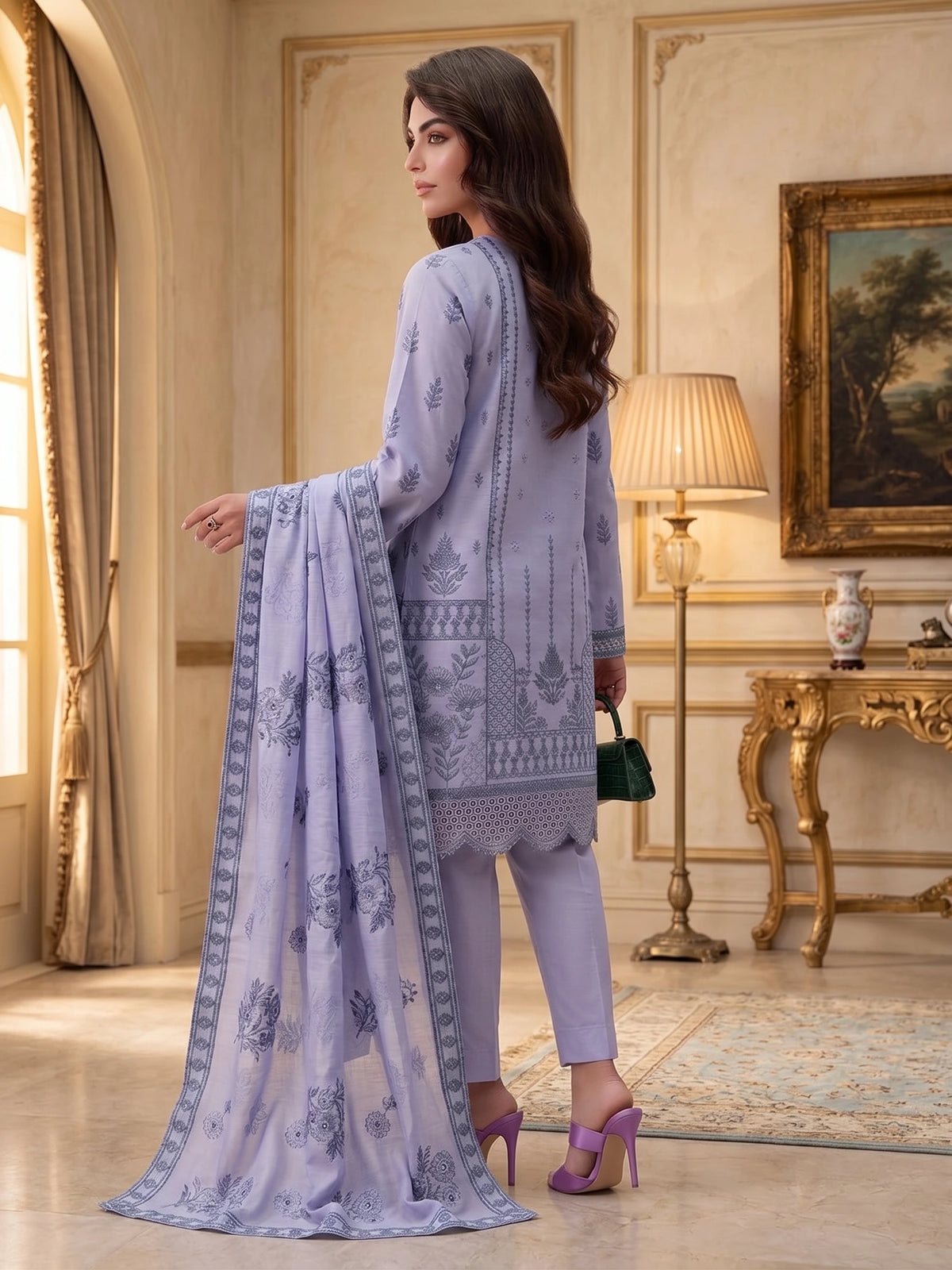 Light Purple Kalamkar Embroidered Lawn 3-Piece