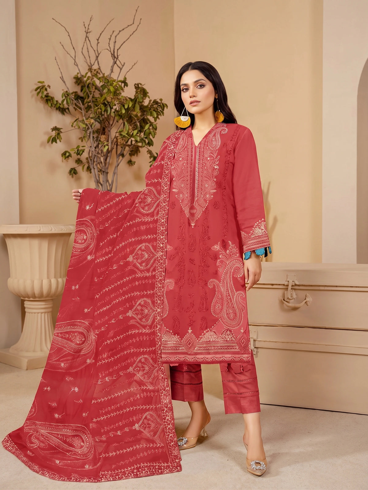 Peach Pink Embroidered Lawn 3-Piece