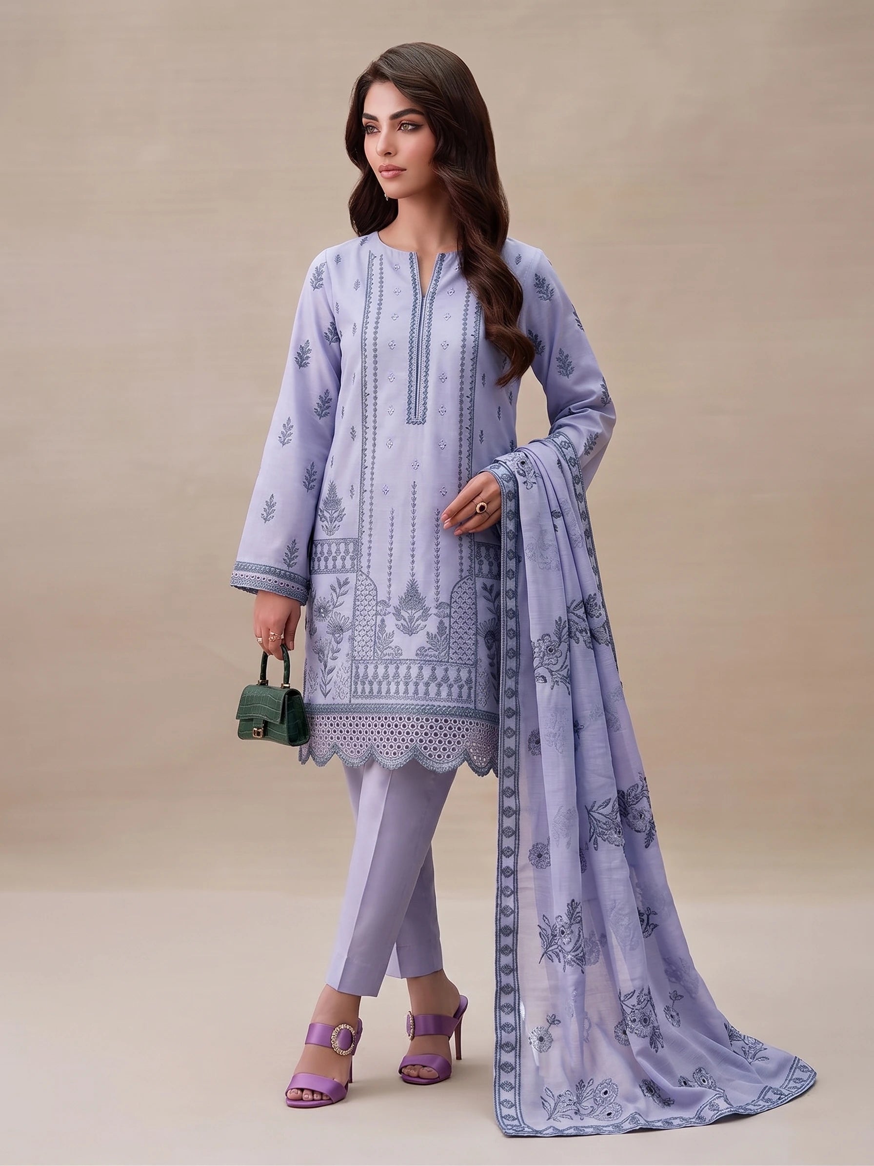 Light Purple Kalamkar Embroidered Lawn 3-Piece