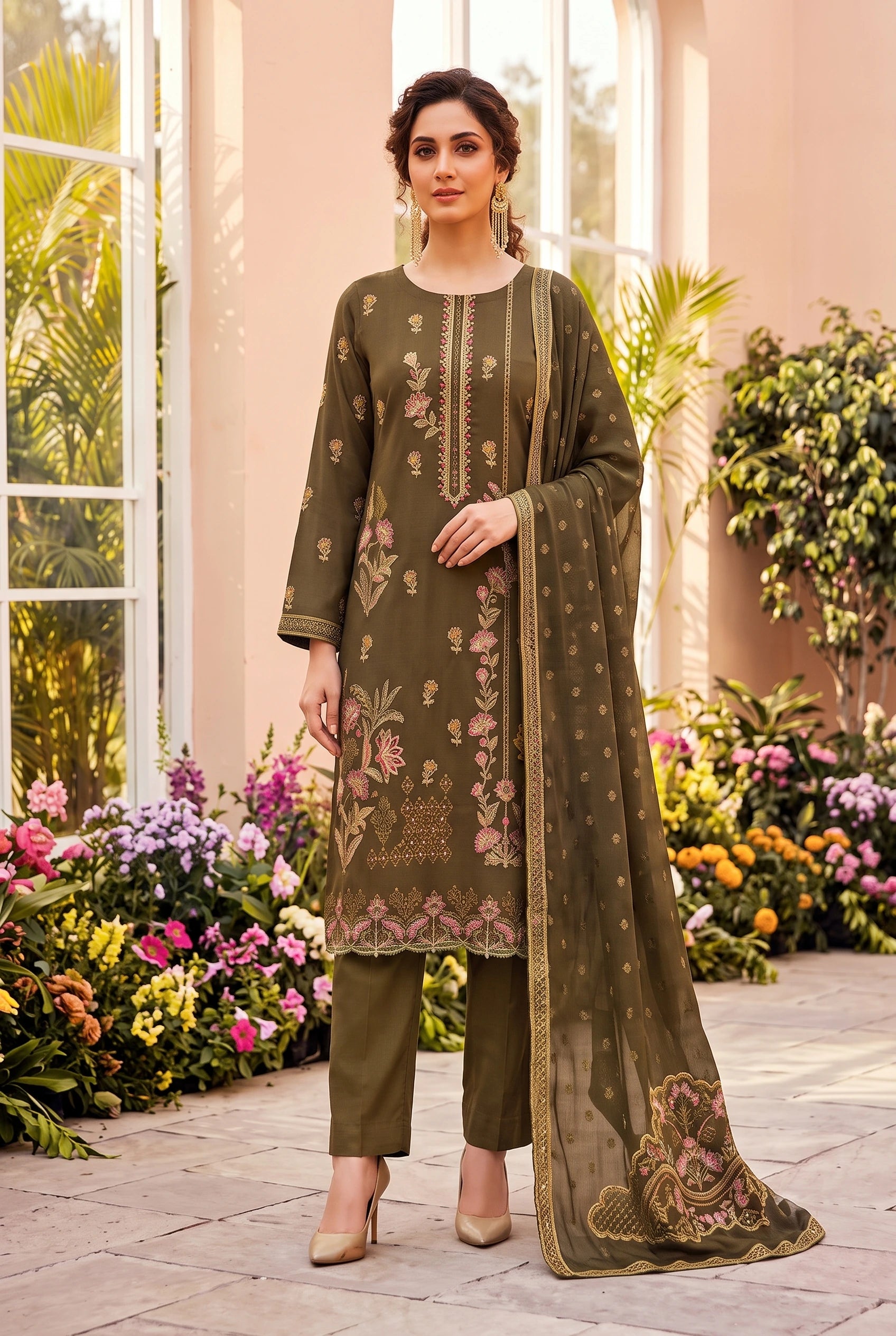 Olive Green Embroidered Brosha 3-Piece